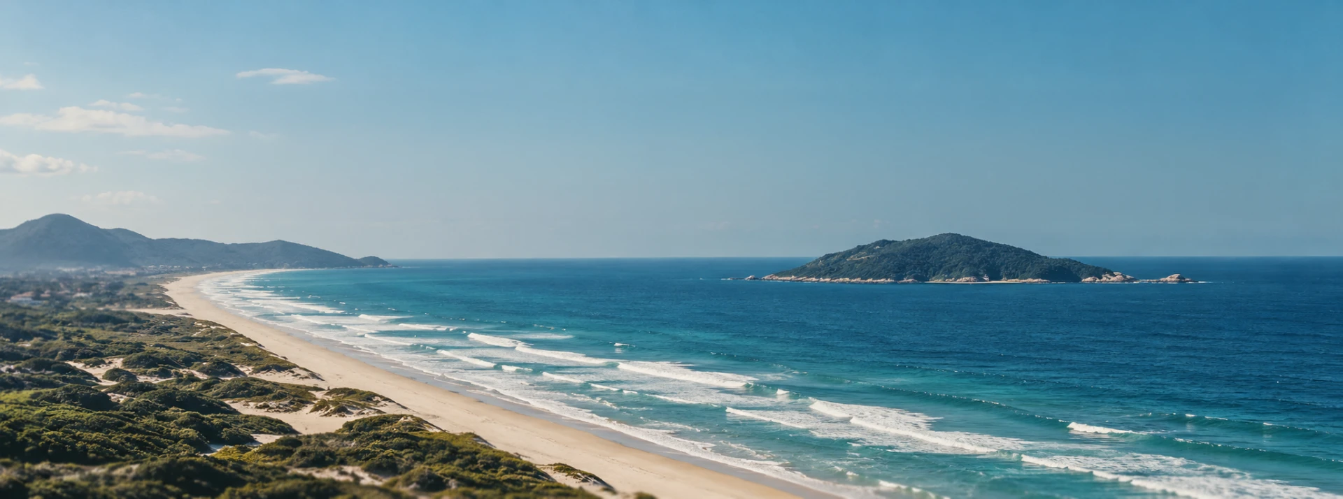 Long beach curving toward mountains with a green island offshore in Florianópolis, Brazil